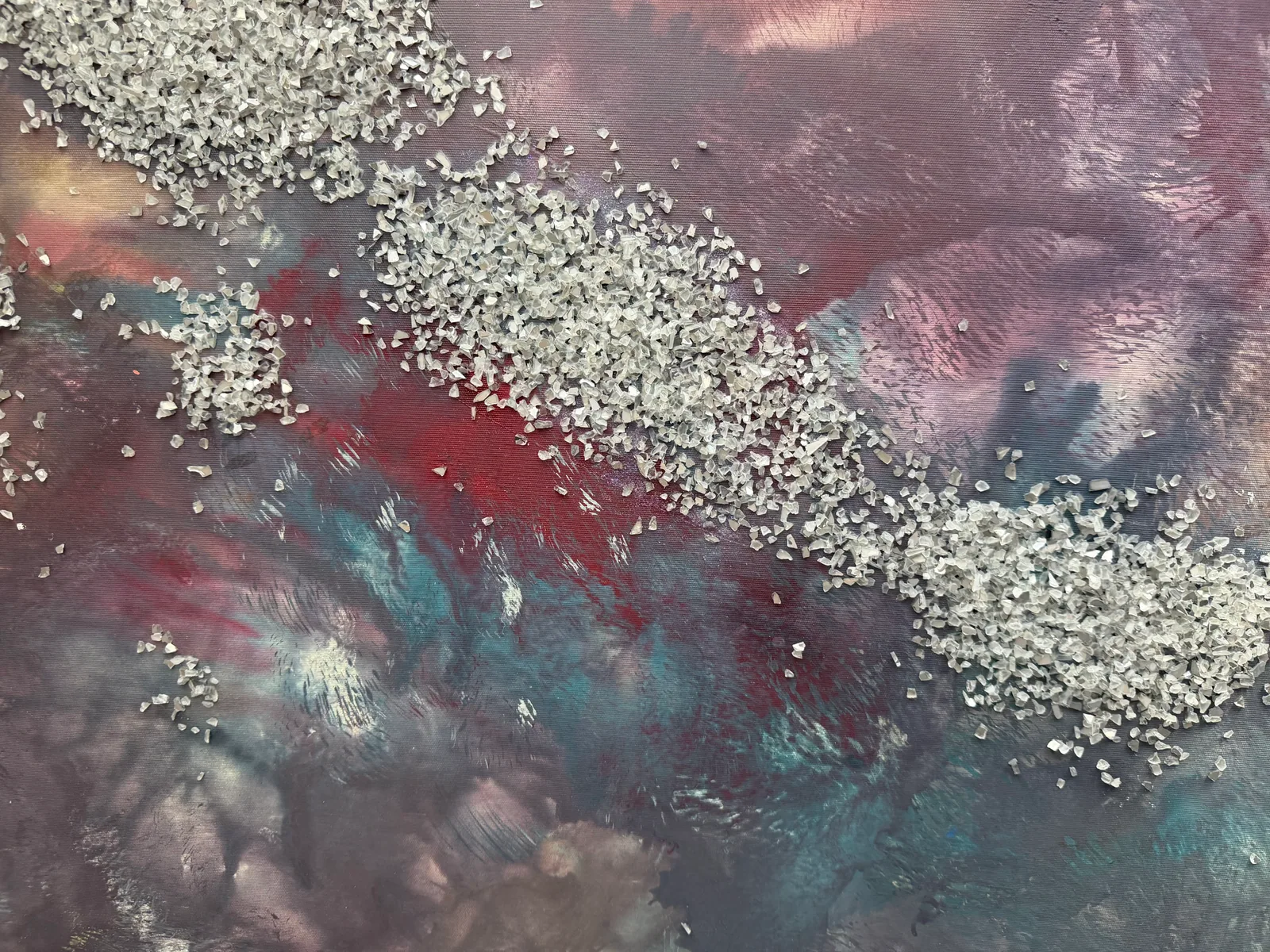 Elemental Veins (90 x 140 cm), mixed media with acrylic and metallic fragments on canvas, surface detail — Alyne Perfeito, Perfeito Studio