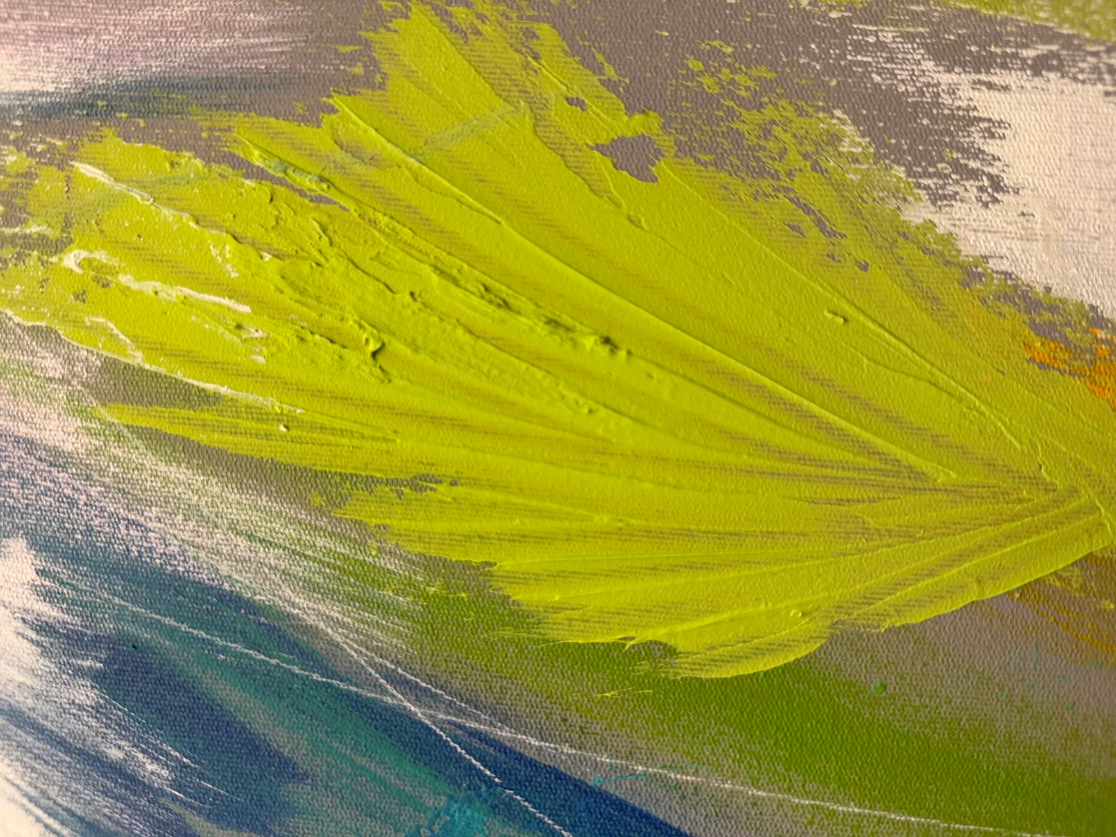Detalhe de Vibrant Awakening (100 x 150 cm), acrílica sobre tela, com camadas de cor sobrepostas — Alyne Perfeito, Perfeito Studio