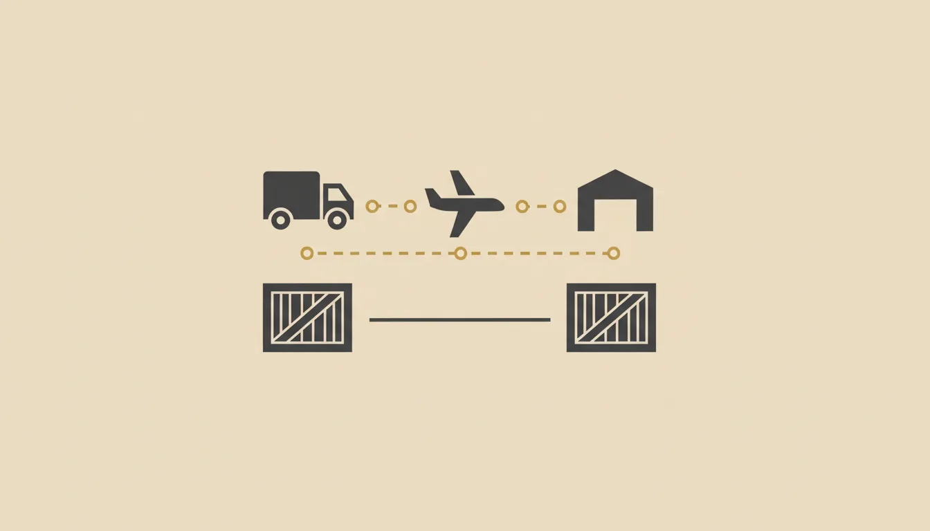 Schematic comparison of a freight-forwarding route with multiple transfer points versus a direct fine-art shipping route with a single crated painting