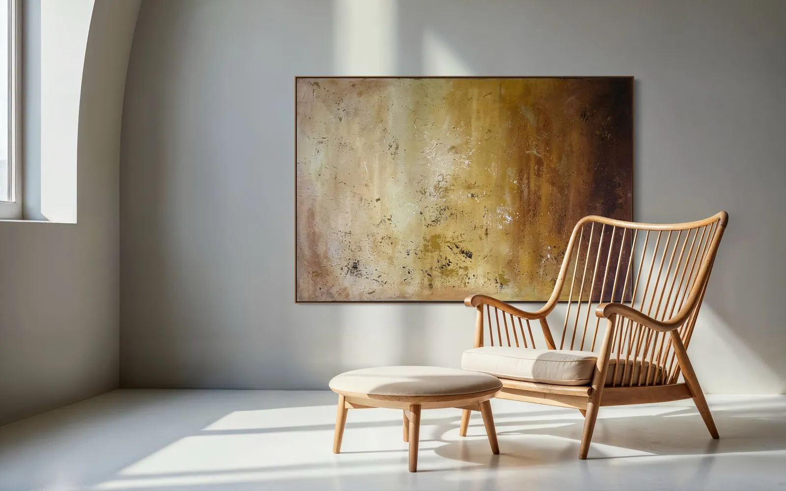 Original mixed-media painting from the Perfeito Studio collection shown in a spacious interior with high ceilings, illustrating scale rather than a literal hotel setting