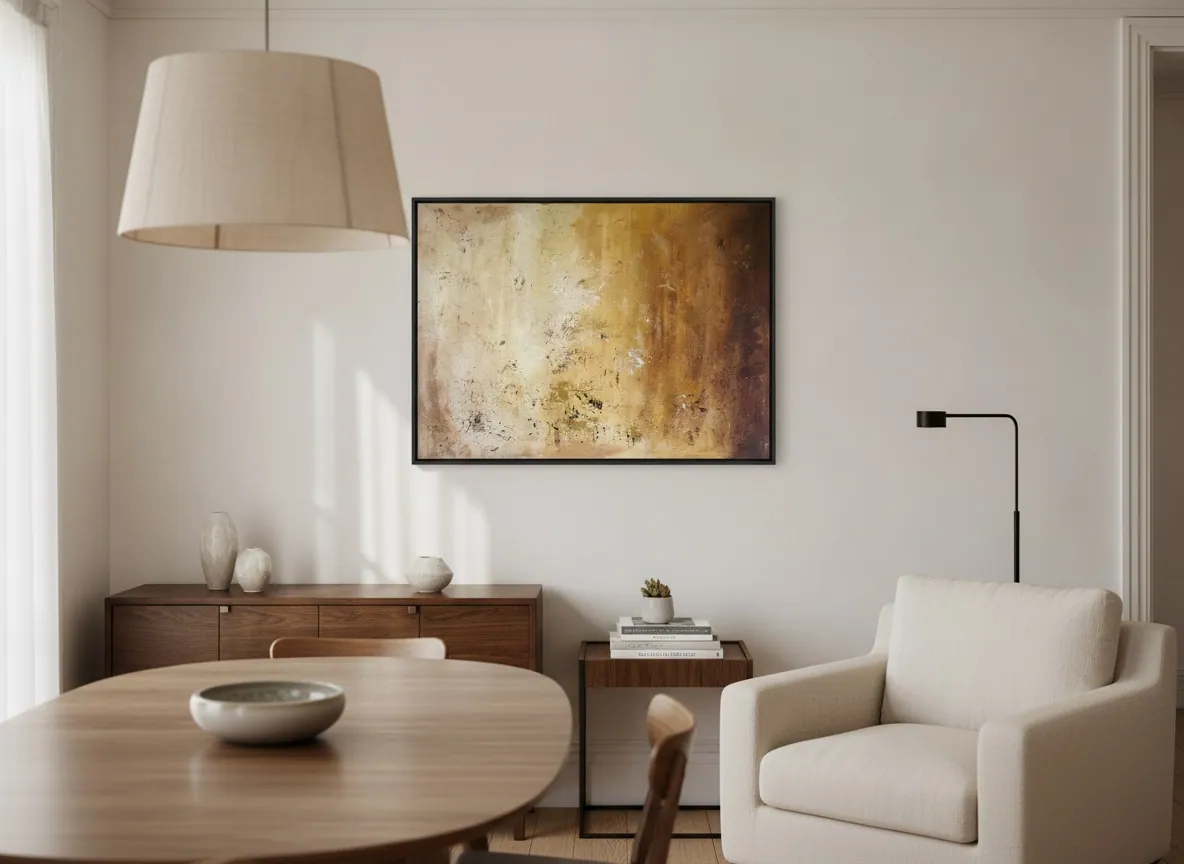 Amber Strata (150 x 100 cm) in situ, the kind of piece that travels internationally as a gift with its certificate and customs paperwork