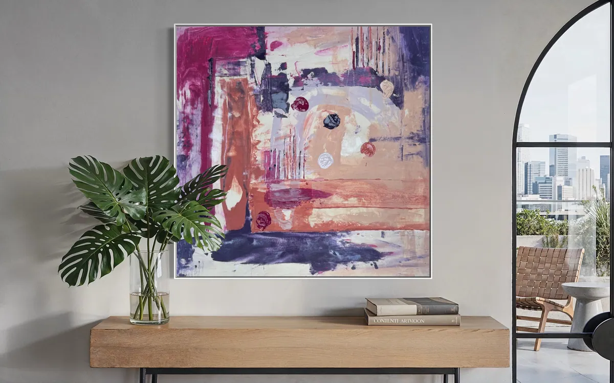 Amethyst Ground by Alyne Perfeito shown in an interior setting — 100 x 100 cm (39.4 x 39.4 in), Terra & Ether series