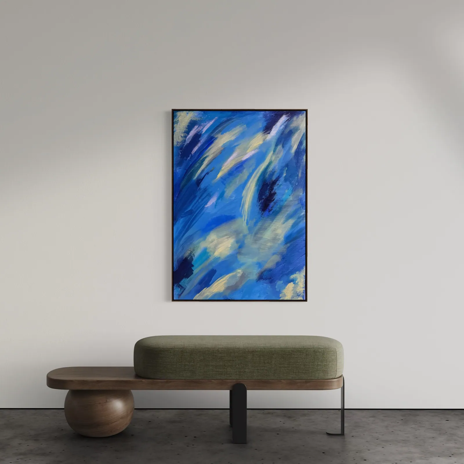 Celestial Drift (70 x 100 cm), acrílica sobre tela, acima da cabeceira da cama — Alyne Perfeito, Perfeito Studio
