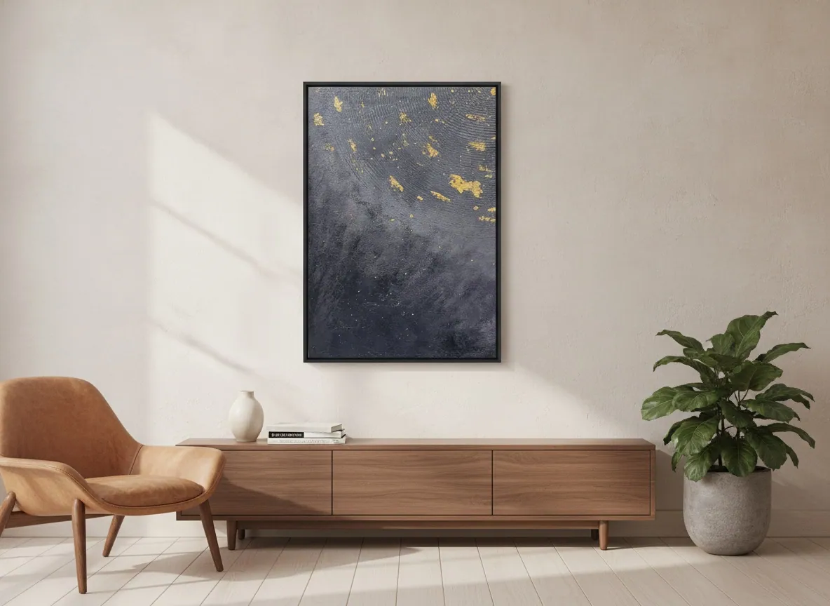 Celestial Plan (50 x 70 cm), técnica mista, pasta de textura e folha de ouro sobre tela, ao lado de uma poltrona de estar — Alyne Perfeito, Perfeito Studio