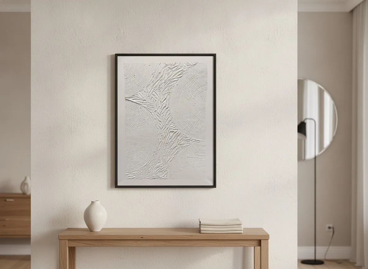 Ambiente com obra da série Matter & Silence, de Alyne Perfeito, comprada diretamente do ateliê, sem passar por marketplace de design e antiguidades