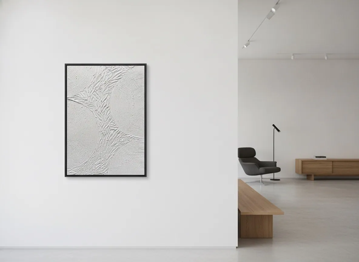 Echo of Silence (50 x 70 cm), sculpted texture on canvas, shown in a neutral commercial setting — Alyne Perfeito, Perfeito Studio