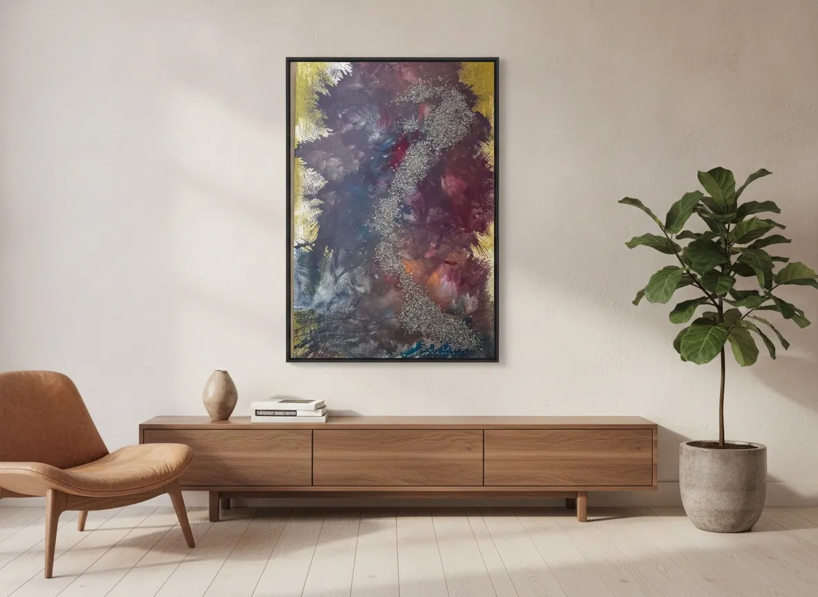 Elemental Veins (90 x 140 cm), mixed media with acrylic and metallic fragments on canvas, in situ — Alyne Perfeito, Perfeito Studio