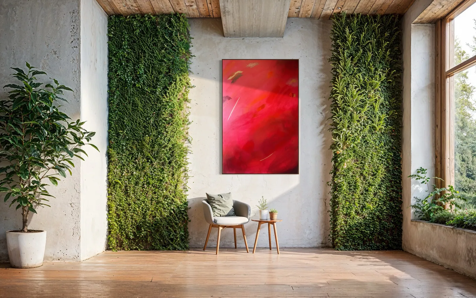 Fire of Devotion (100 x 150 cm), acrílica sobre tela, em ambiente de concreto aparente com parede de vidro e vegetação externa — Alyne Perfeito, Perfeito Studio