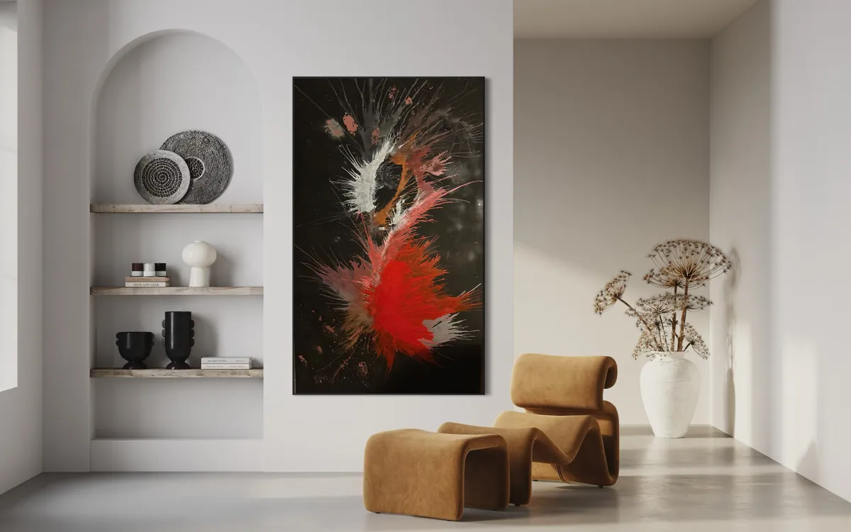 Genesis of Flame by Alyne Perfeito shown in an interior setting — digital visualization, Heart of Chaos series