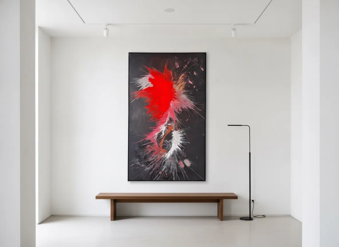 Genesis of Flame, a red, gold and black mixed-media painting from the Heart of Chaos series, shown in a warm dining-room setting