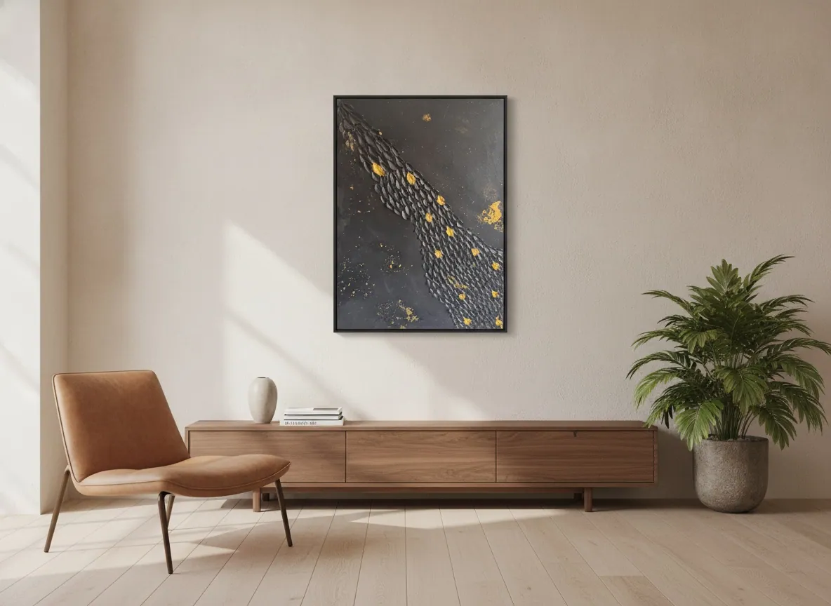Golden Passage by Alyne Perfeito shown in an interior setting — 60 x 80 cm (23.6 x 31.5 in), Black & Gold series