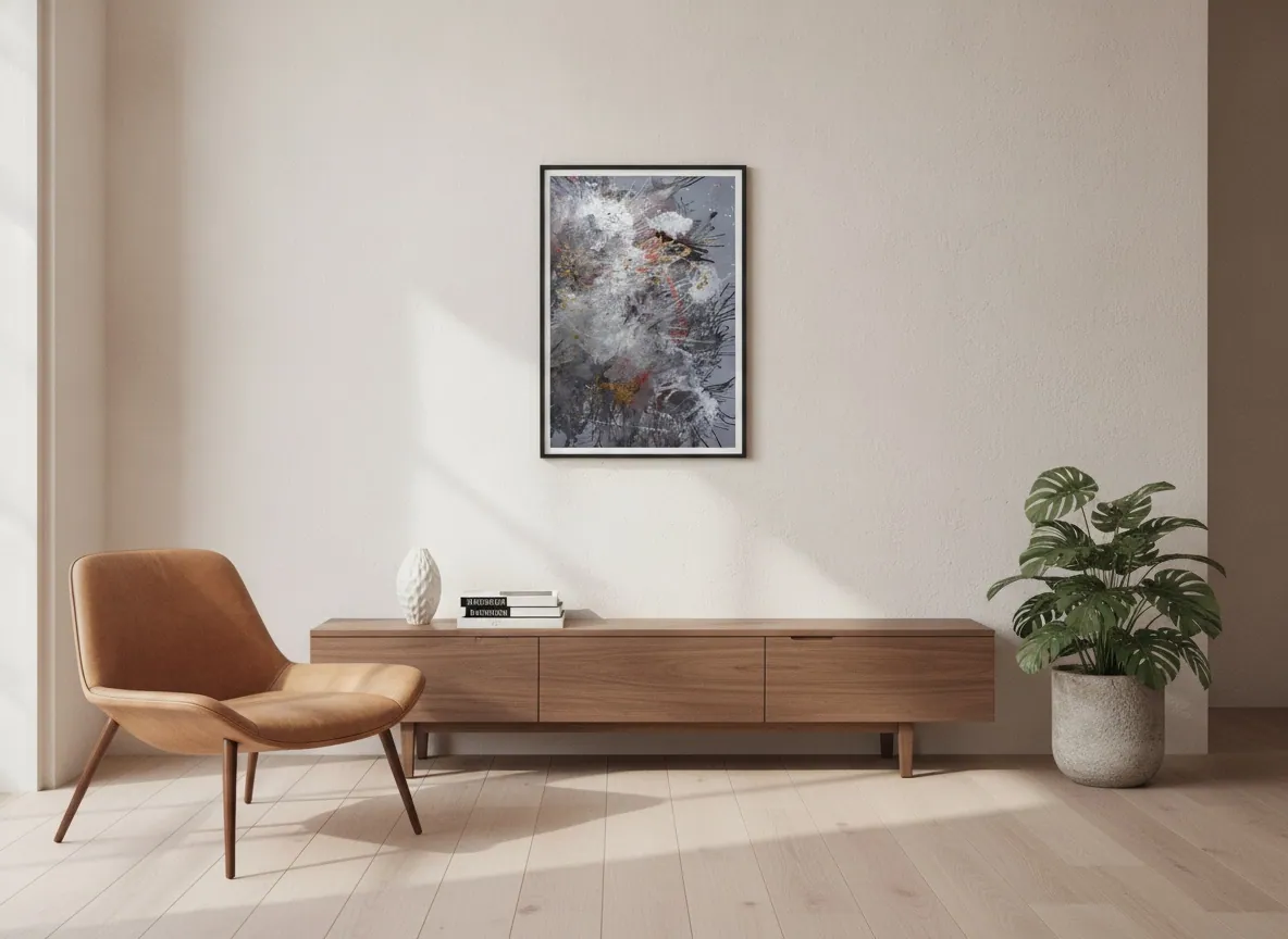 Origin of Light (60 x 80 cm), mixed media with acrylic and gold leaf on canvas, shown in a living room -- Alyne Perfeito, Perfeito Studio