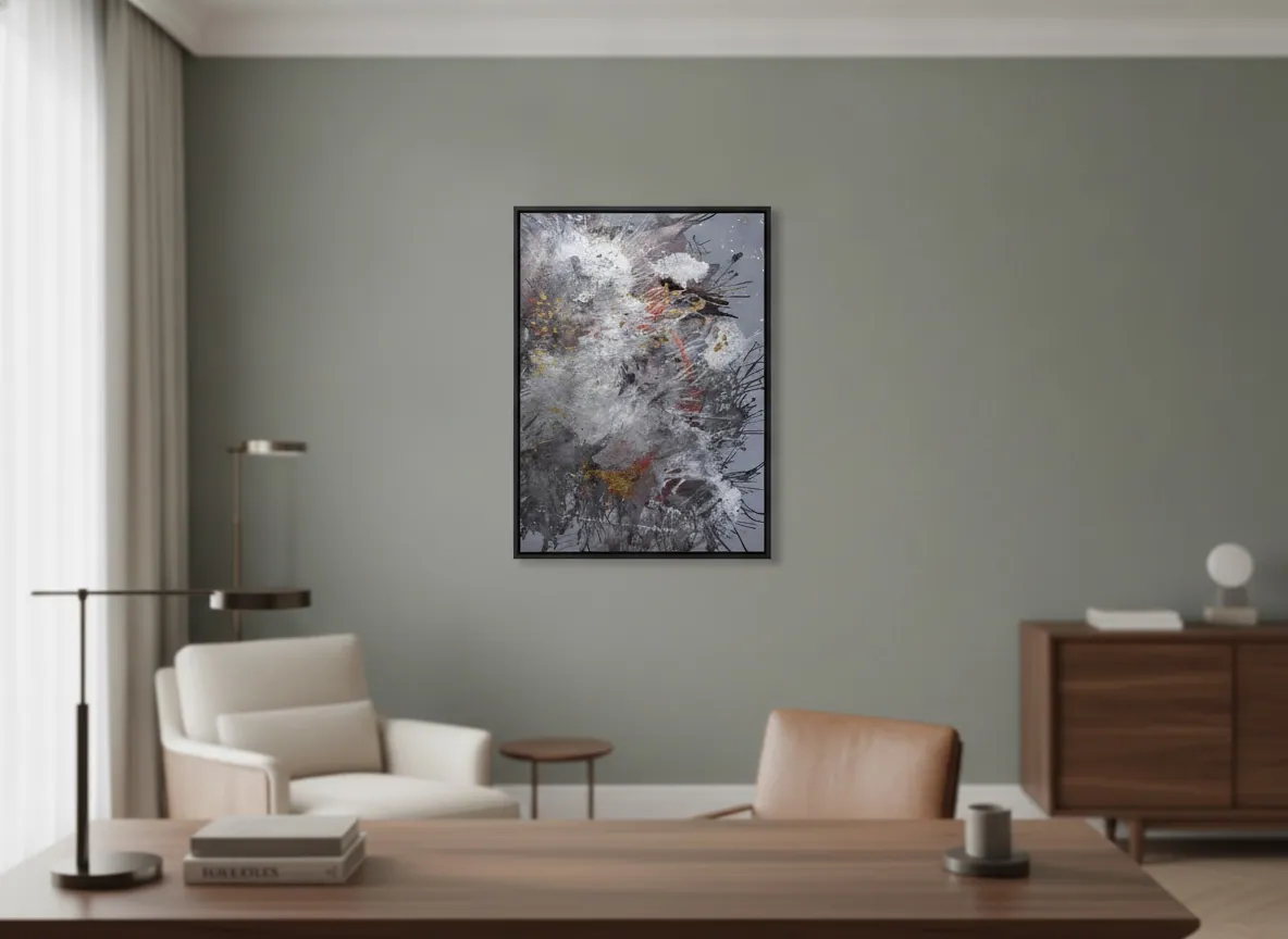 Origin of Light (60 x 80 cm), mixed media with acrylic and gold leaf on canvas, in an executive office setting behind the desk and chair — Alyne Perfeito, Perfeito Studio