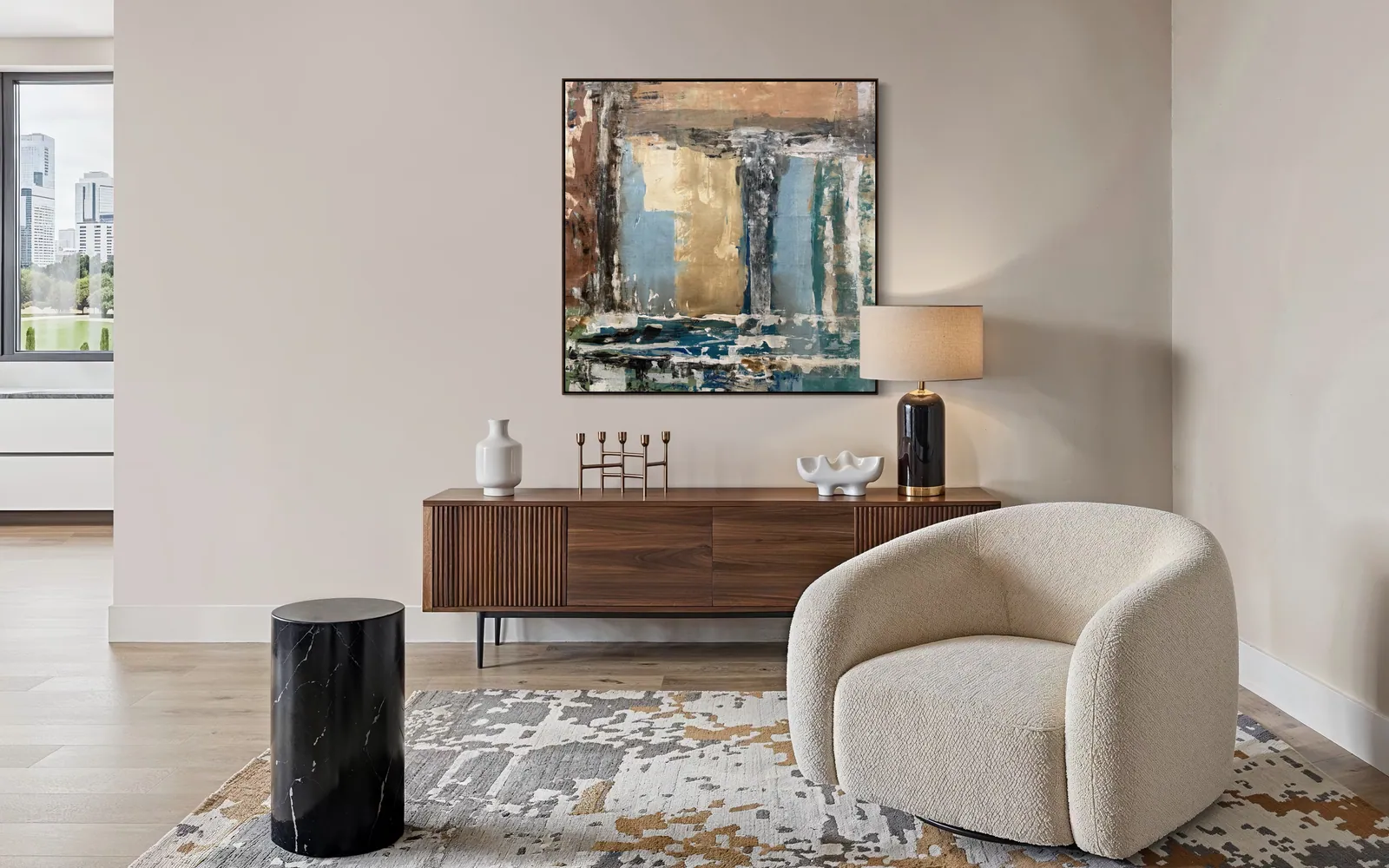 Patina Field (100 × 100 cm), acrylic on canvas — Alyne Perfeito, Perfeito Studio