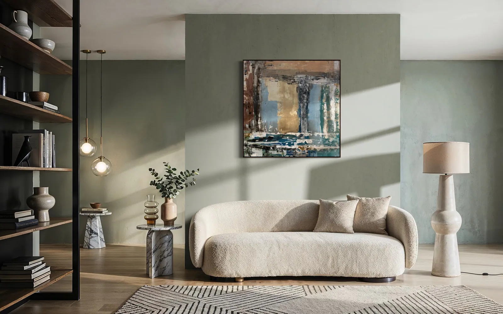 Patina Field (100 x 100 cm / 39.4 x 39.4 in), acrylic on canvas — Alyne Perfeito, Perfeito Studio, shown in a formal interior