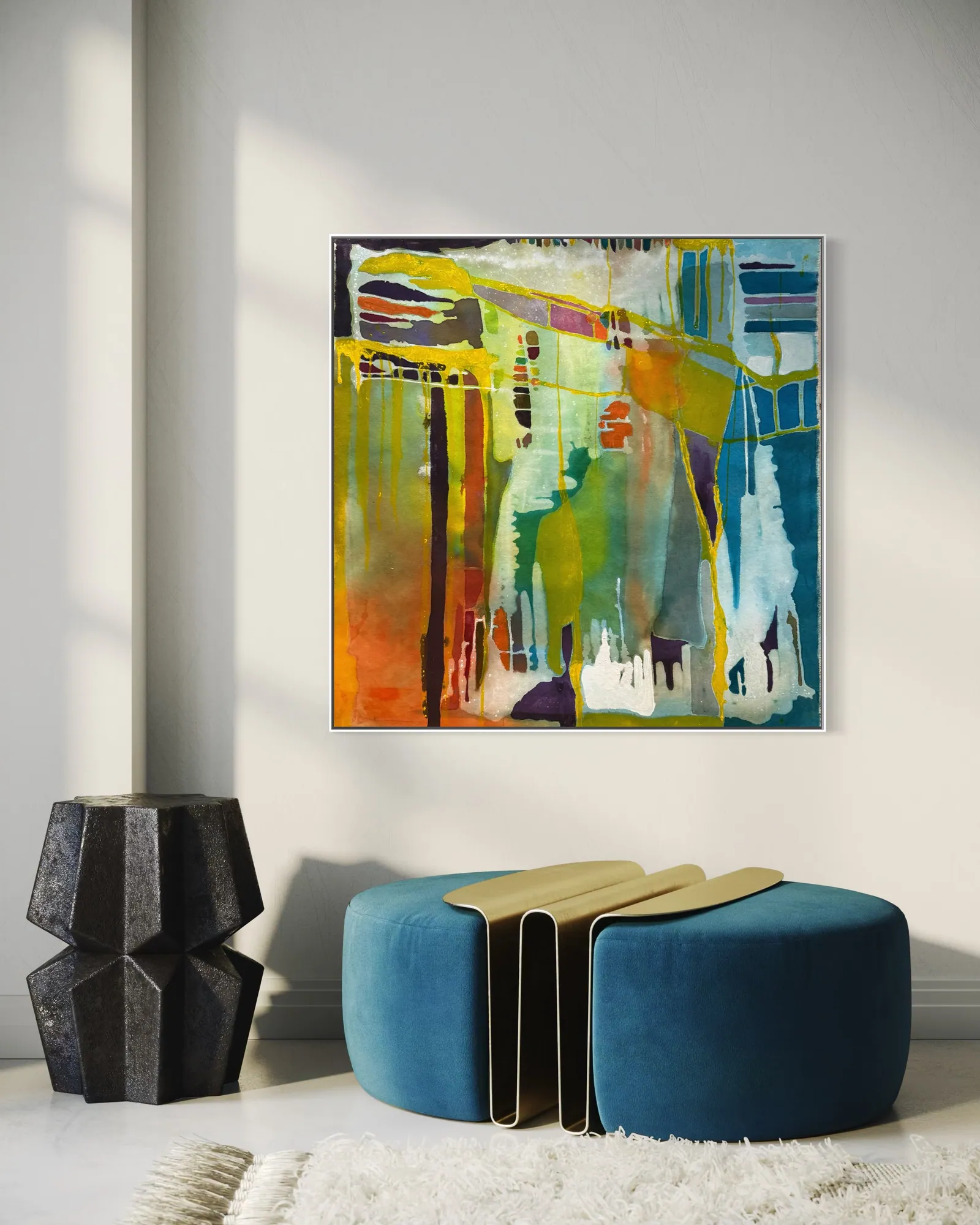Prism Garden (100 x 100 cm), acrylic on canvas, in situ — Alyne Perfeito, Perfeito Studio