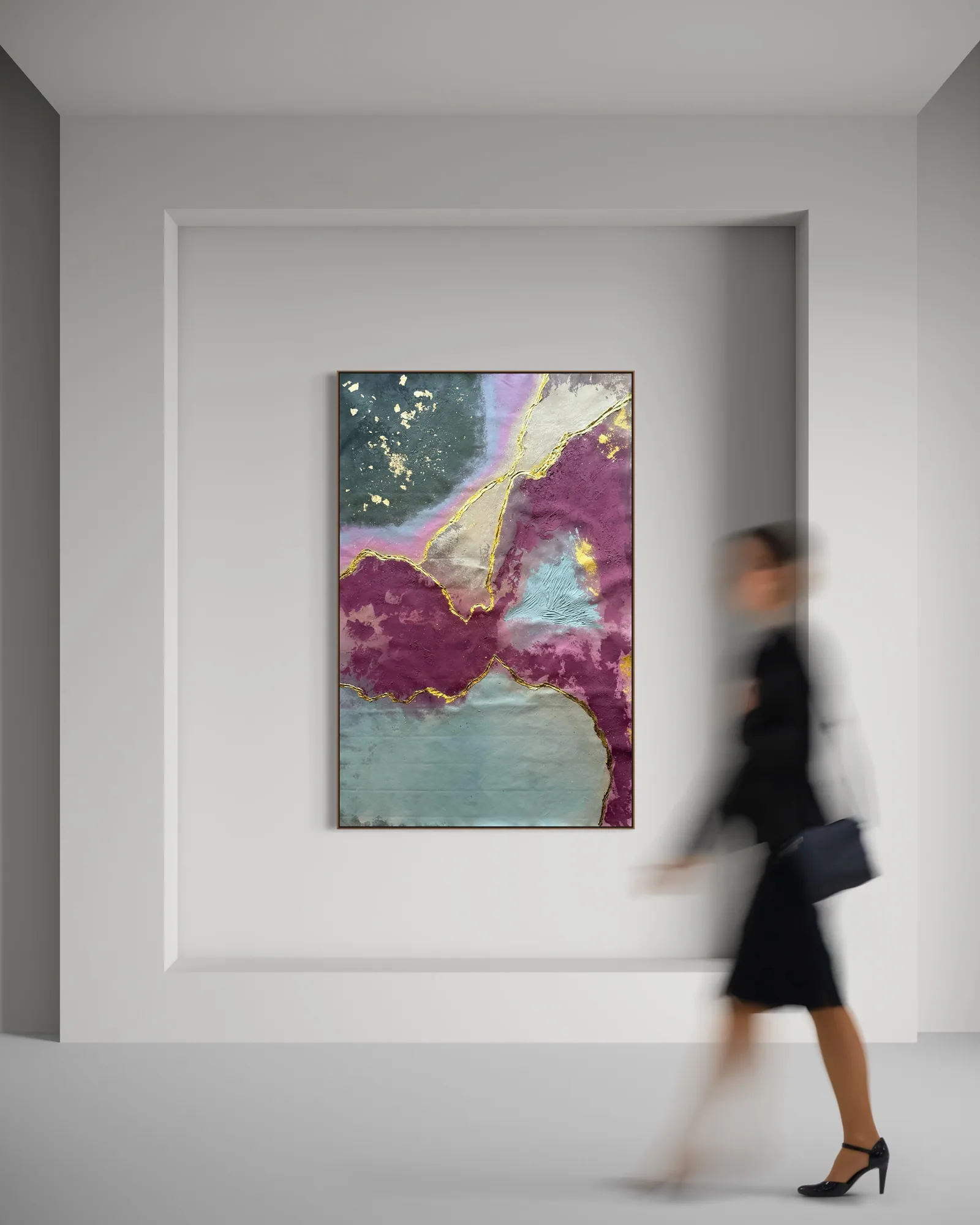 Quartz Seam by Alyne Perfeito, mixed media with acrylic and gold leaf on canvas, in situ in a living room ahead of international shipping