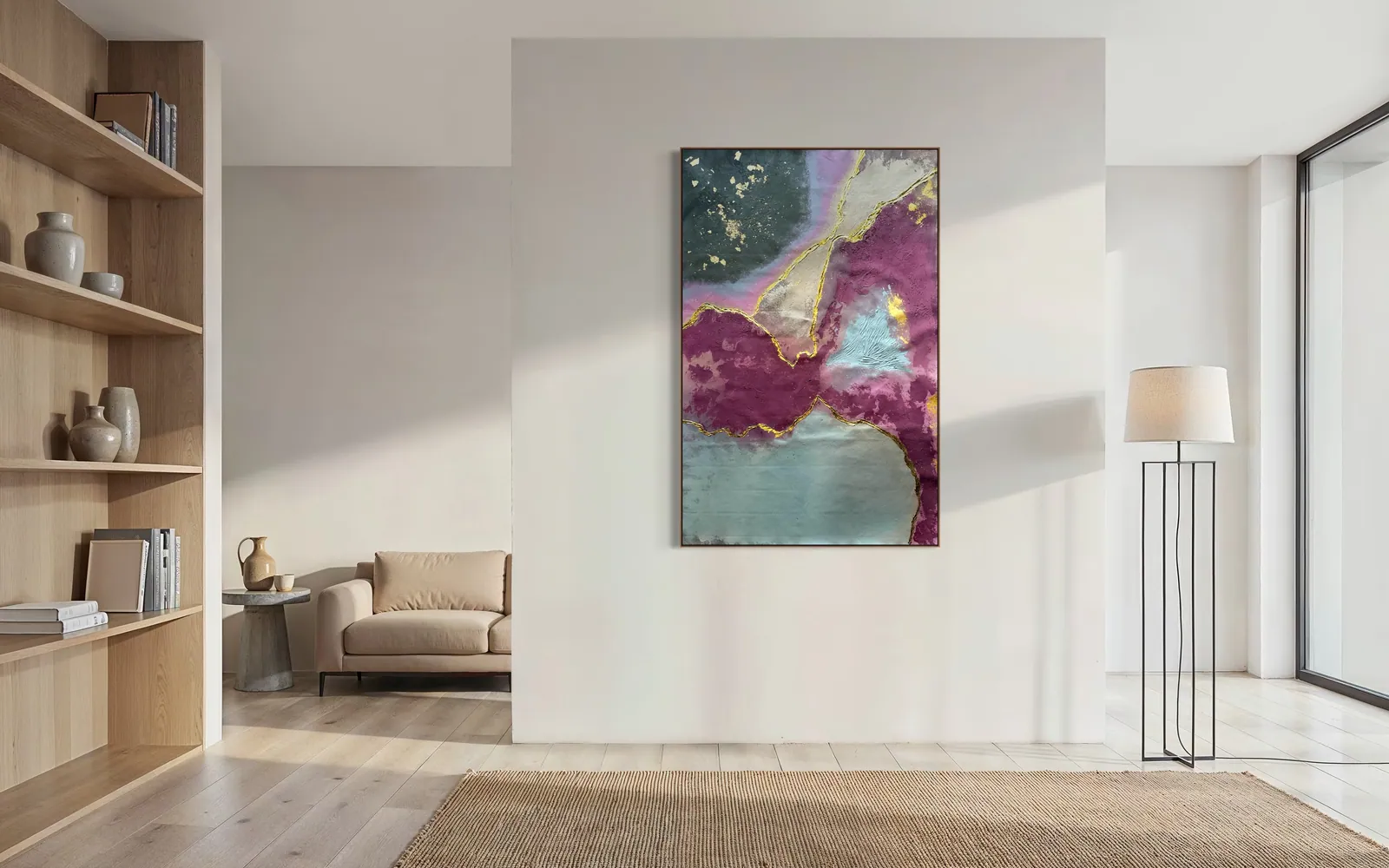 Quartz Seam (98 x 152 cm), técnica mista com acrílica e folha de ouro sobre tela — Alyne Perfeito, Perfeito Studio