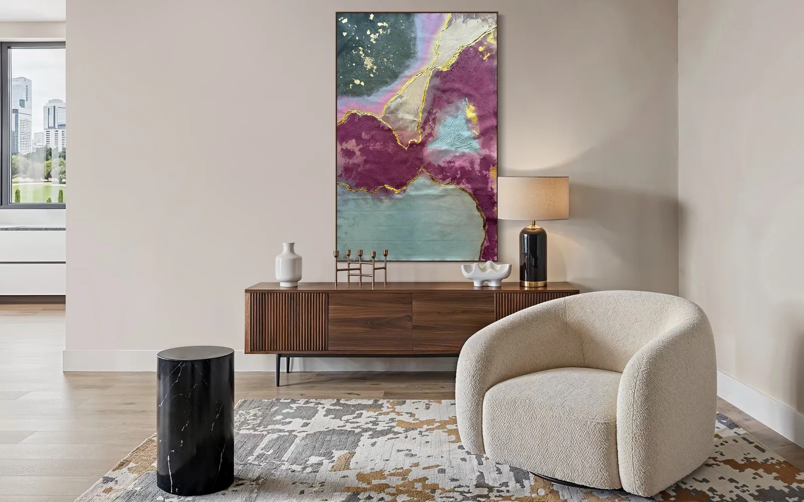 Quartz Seam (98 × 152 cm), mixed media with acrylic and gold leaf on canvas, in situ — Alyne Perfeito, Perfeito Studio