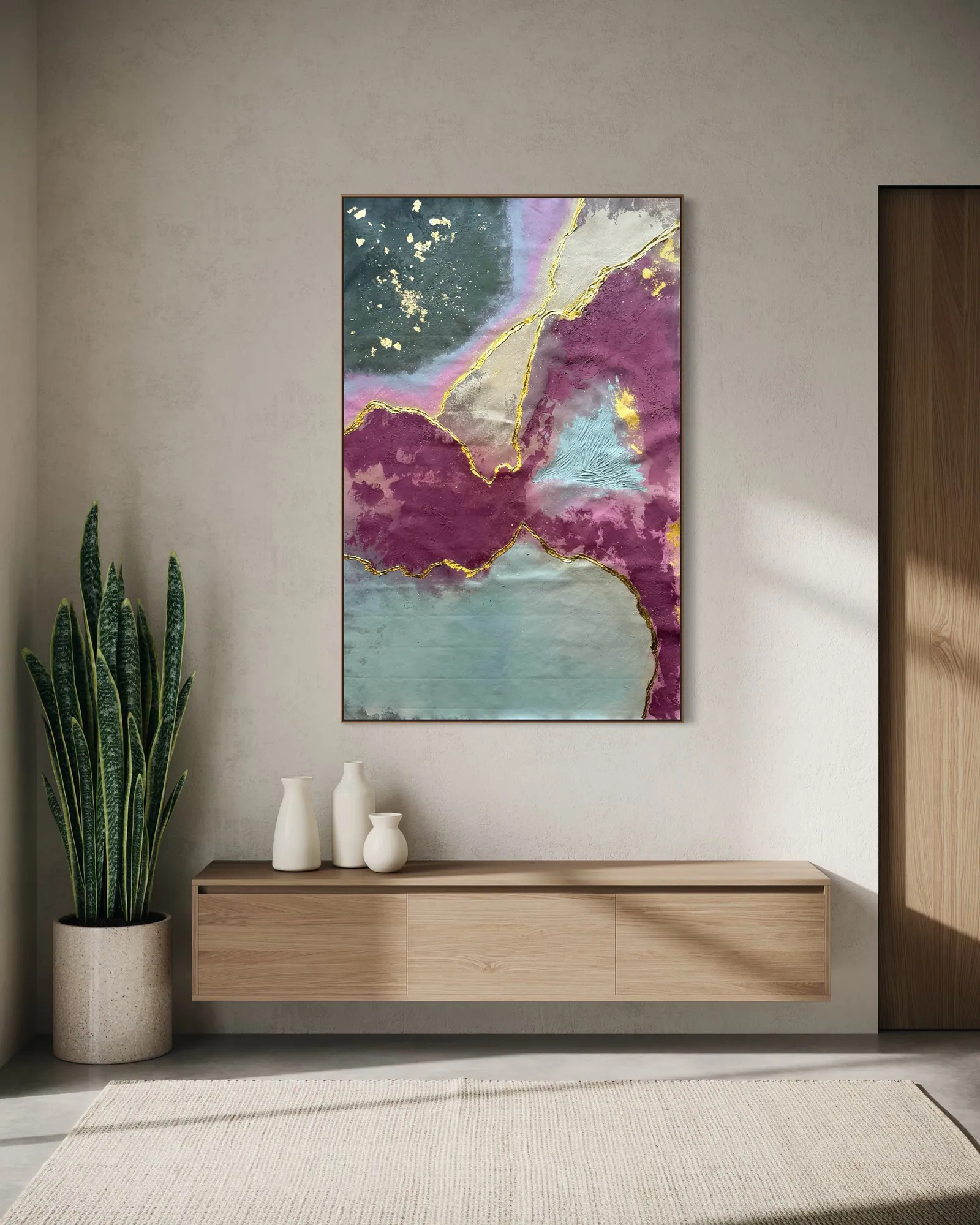 Quartz Seam (98 x 152 cm), mixed media with acrylic and gold leaf on canvas, in situ — Alyne Perfeito, Perfeito Studio