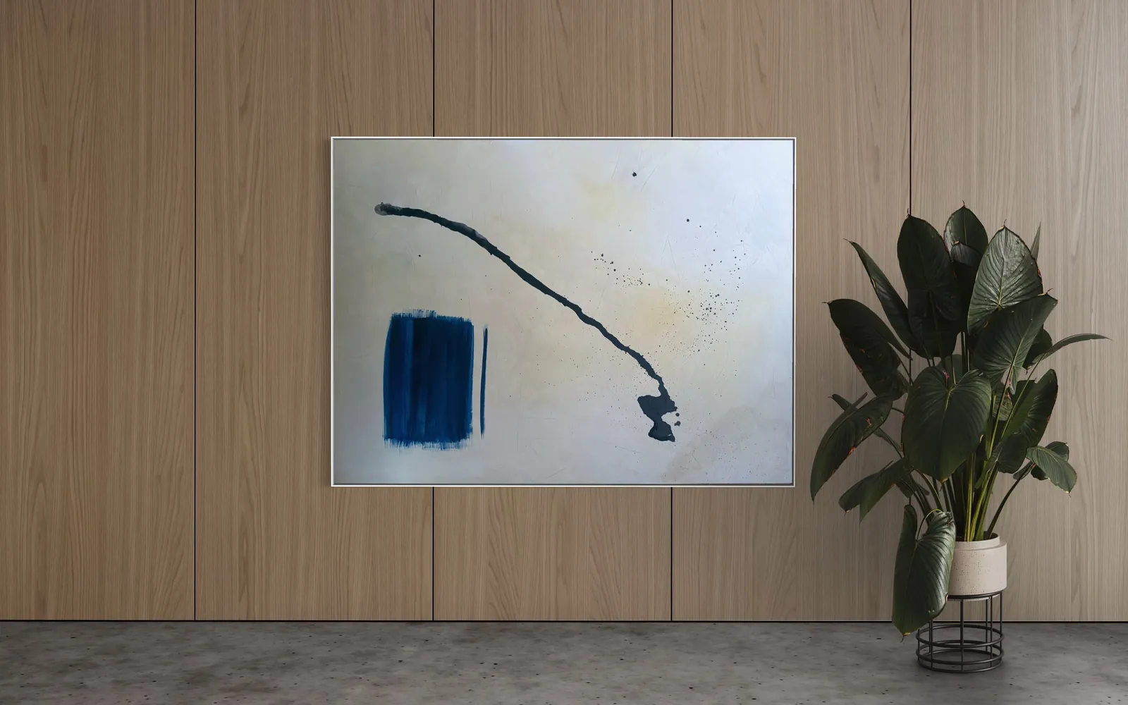 Silent Interval (120 x 160 cm), técnica mista com acrílica sobre tela, ancorando o setor de estar de uma sala em L com dois ambientes integrados — Alyne Perfeito, Perfeito Studio