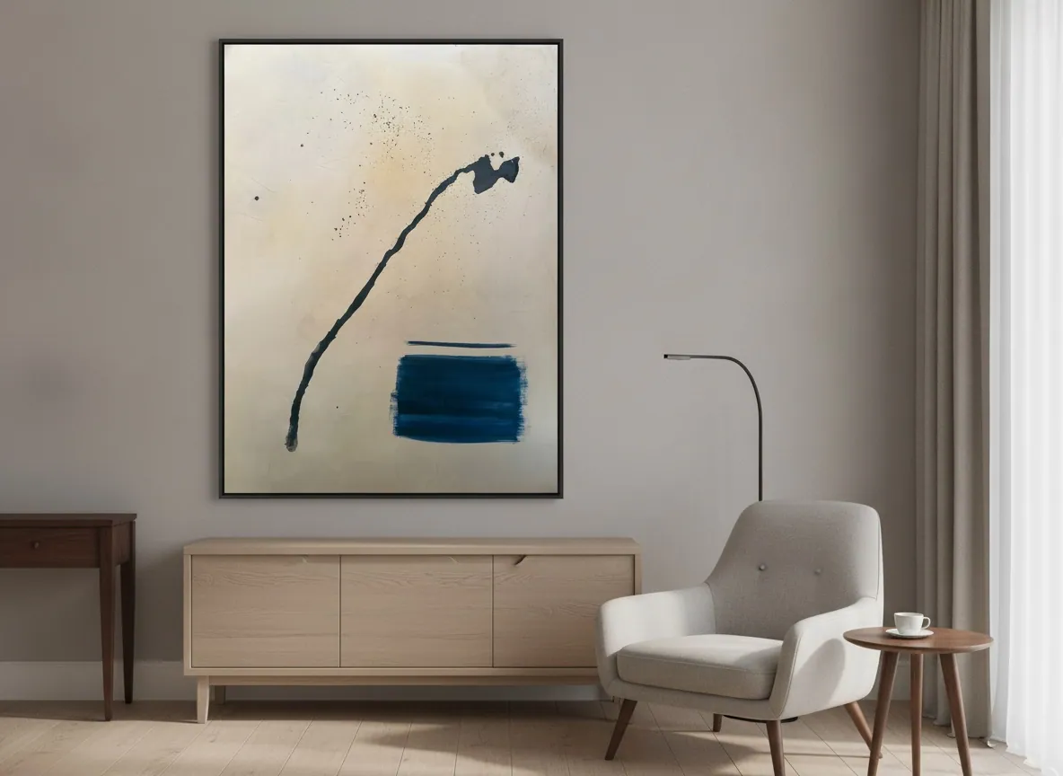 Silent Interval (120 x 160 cm), mixed media with acrylic on canvas, in a minimalist interior — Alyne Perfeito, Perfeito Studio
