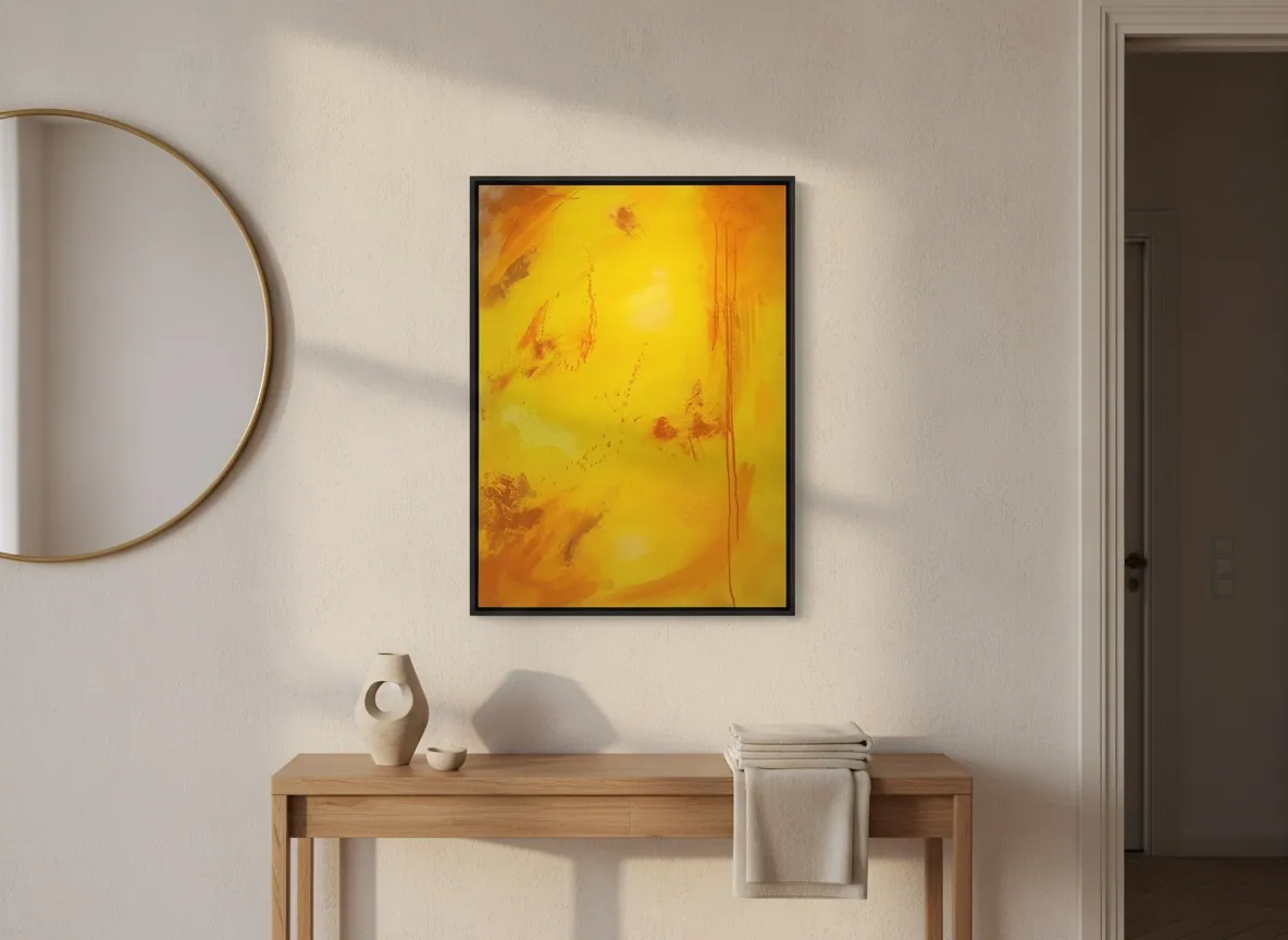 Solar Rain (70 x 110 cm), acrílica sobre tela, em ambiente com feixe de luz solar direta sobre a parede — Alyne Perfeito, Perfeito Studio