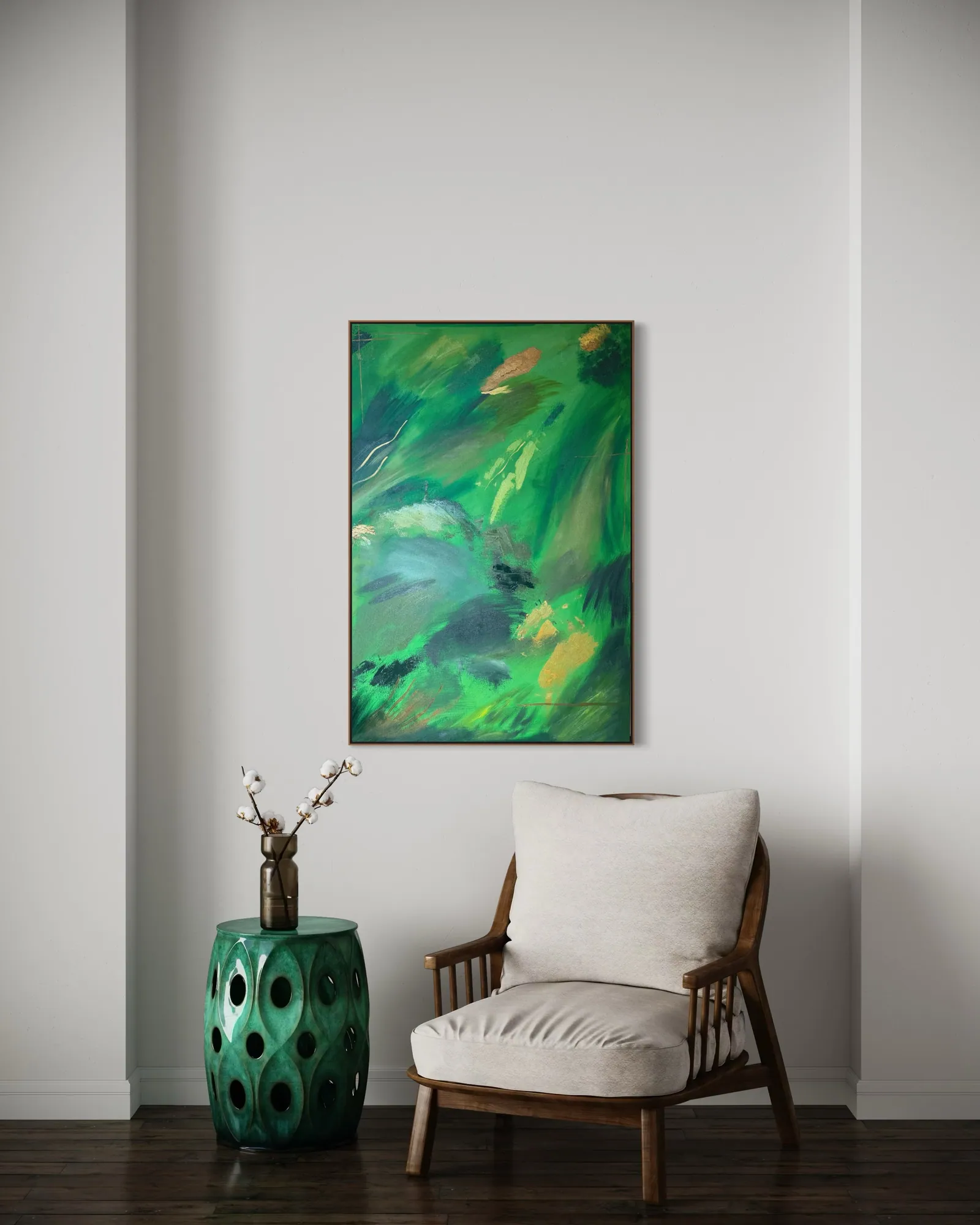 Vegetal Dawn (80 x 120 cm), acrílica sobre tela, em ambiente residencial — Alyne Perfeito, Perfeito Studio