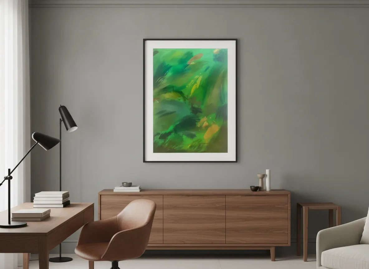 Vegetal Dawn (80 x 120 cm), acrylic on canvas, installed above a sofa in a living room — Alyne Perfeito, Perfeito Studio