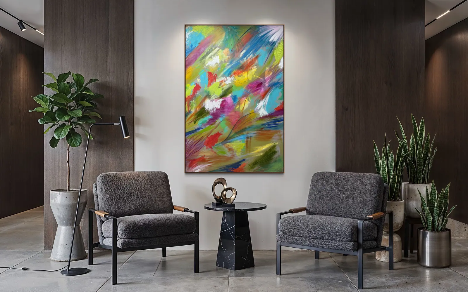 Vibrant Awakening (100 x 150 cm), acrylic on canvas by Alyne Perfeito, shown in a collector's interior — Perfeito Studio